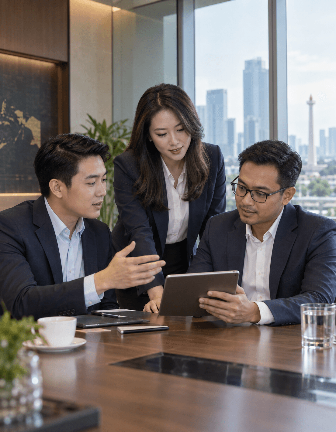 Asian business professionals collaborating in a formal office