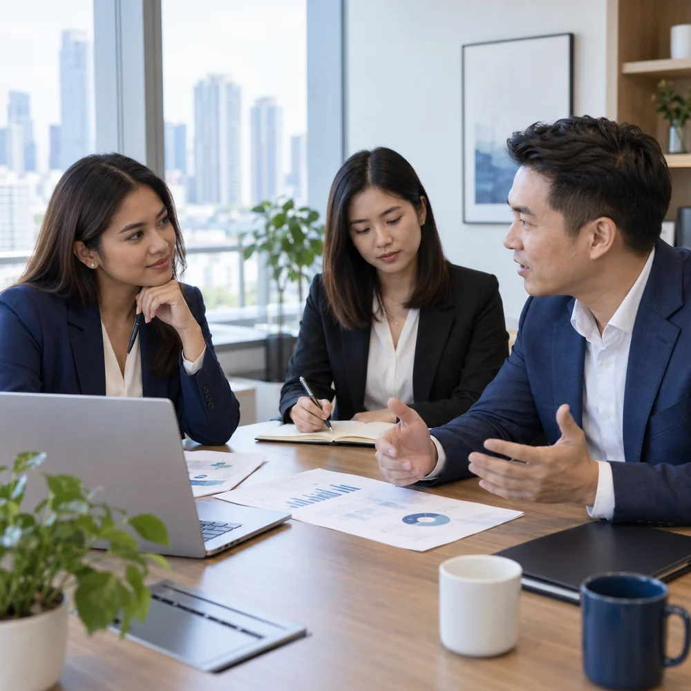 Illustrative business consultation with an advisor and business leaders reviewing a roadmap in a modern office