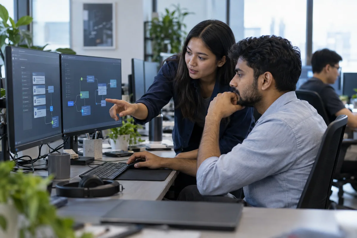 Software operations team reviewing an abstract workflow interface in a technology studio