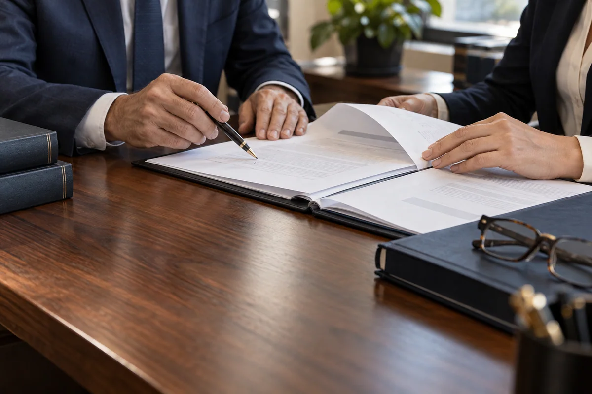 Professionals reviewing anonymous governance documents and compliance binders