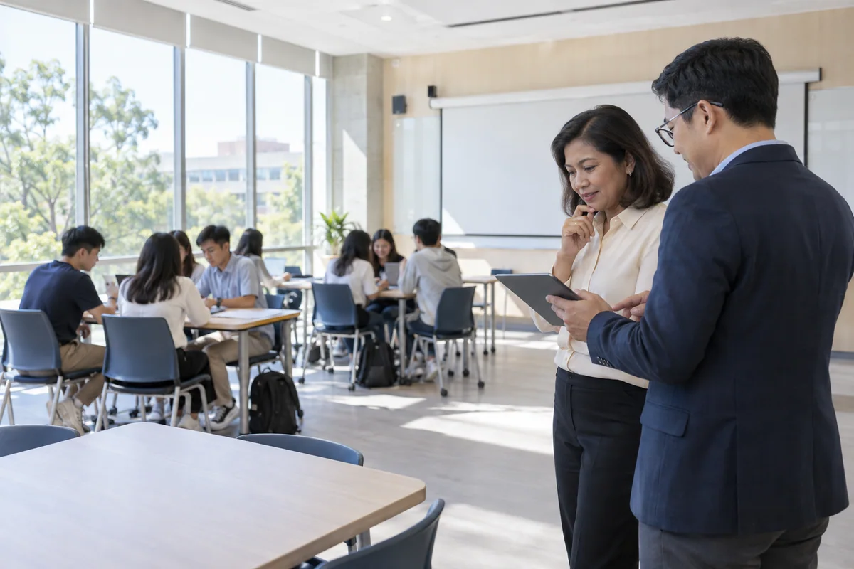 Education administrator and advisor inspecting a contemporary campus learning space