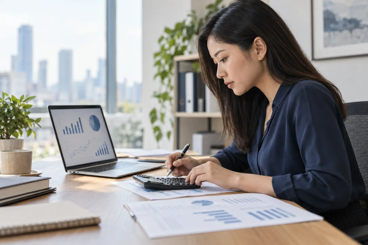Finance analyst working with a calculator and financial dashboard at a desk