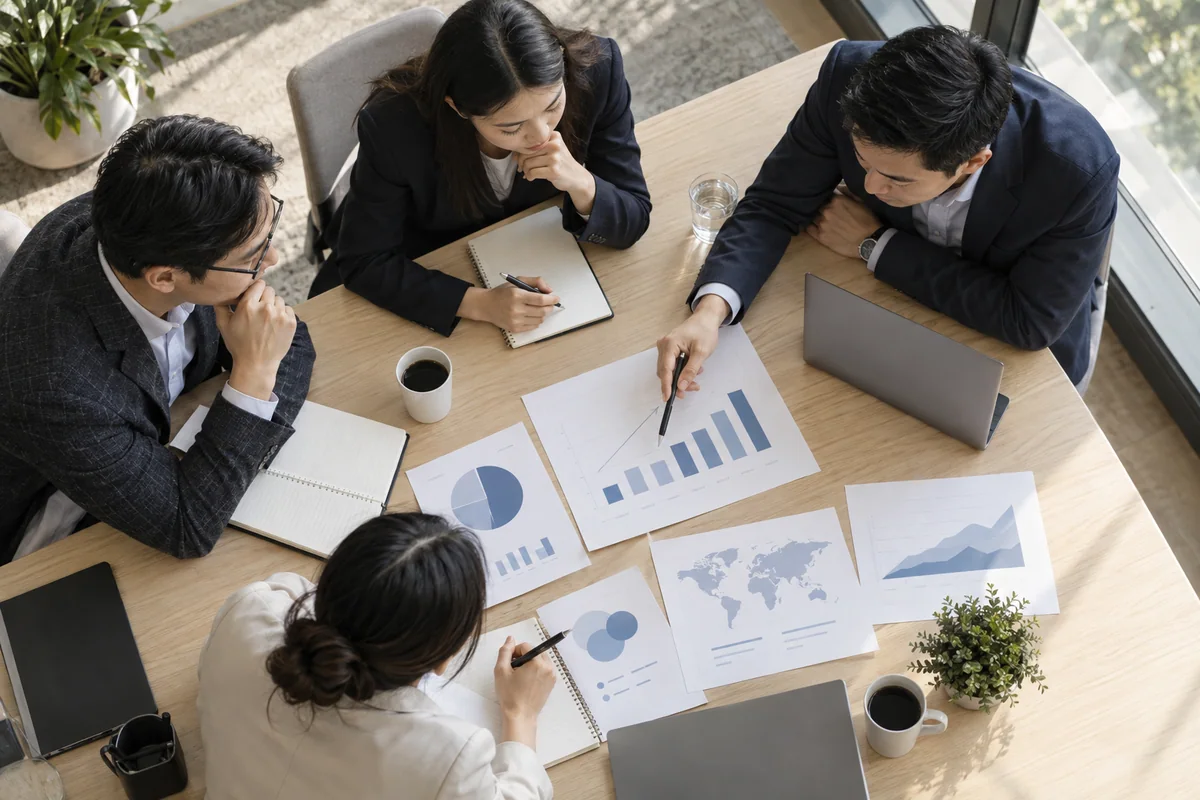 Consulting team mapping a business growth roadmap around a workshop table