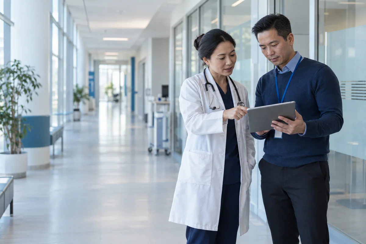 Clinician and technology specialist reviewing a tablet in a modern hospital corridor