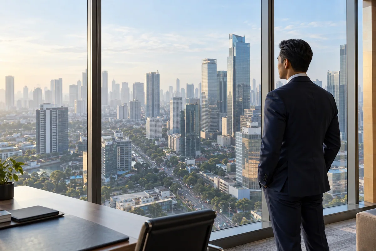 Executive considering the Jakarta skyline from a contemporary office