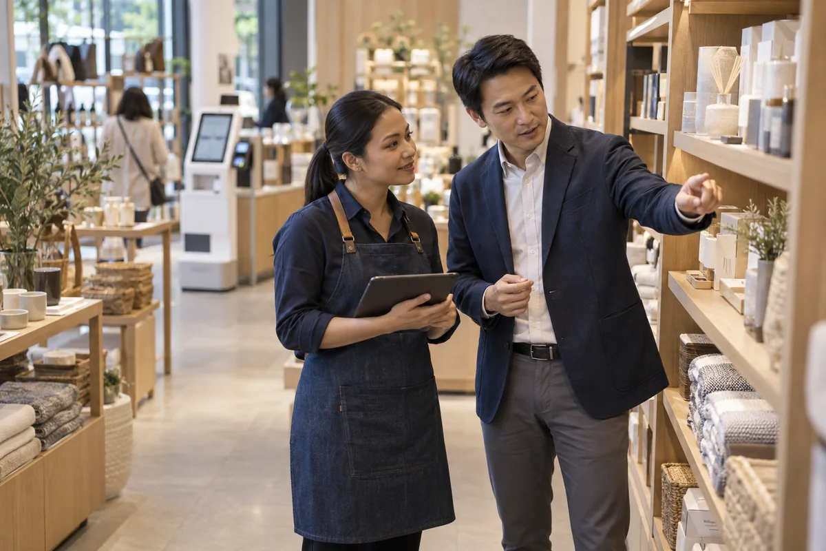 Retail manager using a tablet beside shelves and a checkout station in a boutique store