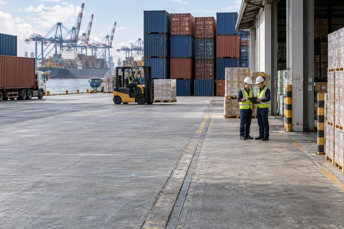 Logistics professionals inspecting a container and warehouse operation